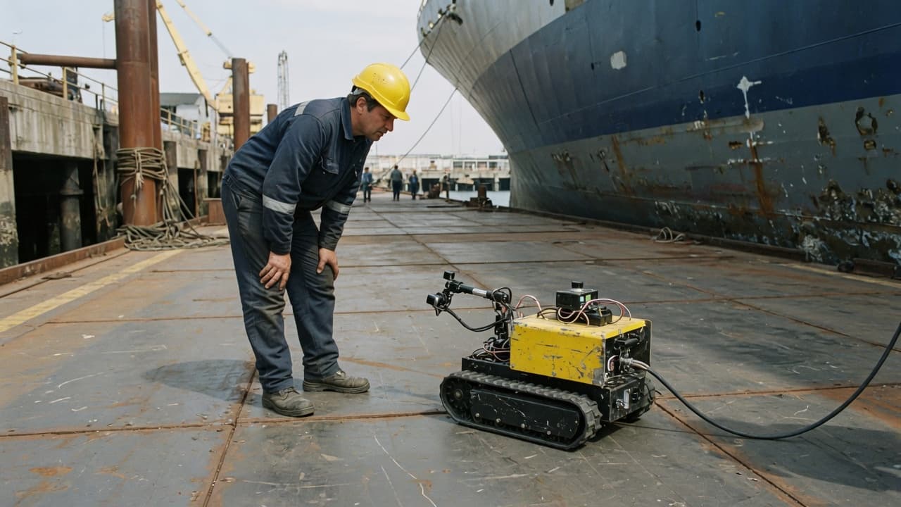 Supervised ground inspection teammate beside a tradesperson on shipyard plate